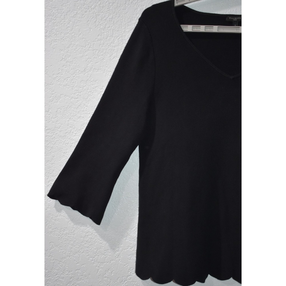 Talbots X Sweater Scallop Trim Solid Stretch VNeck Ribbed Elegant Black Pullover - Picture 15 of 16